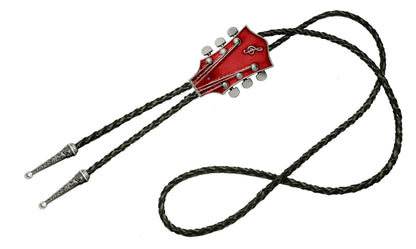 Moranse Bolo Tie With Guitar Music Lover Design Cowboy and Genuine Cowhide Rope (Red 2)