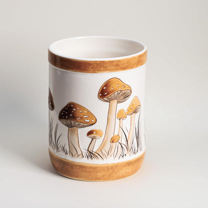 Bicuzat Brown Ceramic Mushroom Pattern Kitchen Utensil Holder, Large Cooking Utensil Crocks for Kitchen Countertop, Ceramic Utensil Organizer