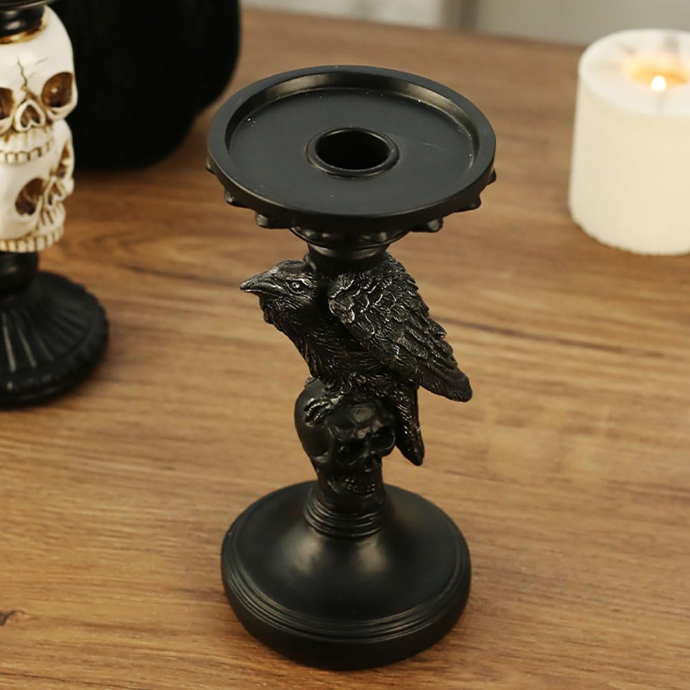Skull Candlestick Holder for Halloween Decoration, Raven Skull Skeleton Spooky Decor Pillar Candle Holder, Antique Creepy Skeleton Black Taper Candle Holders for Halloween Christmas