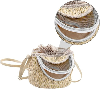 Portable Hamster Carrier with Ventilated Gauze Small Pet Carry-Out Bag Lightweight Straw-Woven Design for Outdoor Travel 5.51X5.51X4.72In