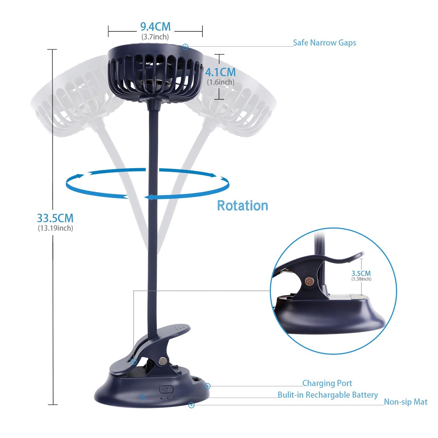 Mikikin Clip on Small Mini Fan, Portable Usb Battery Operated Rechargeable Quiet Personal Desk/ Baby Stroller Fan 3 Speeds Flexible Neck Great for Bed Office Car Dorm Travel Camping Beach