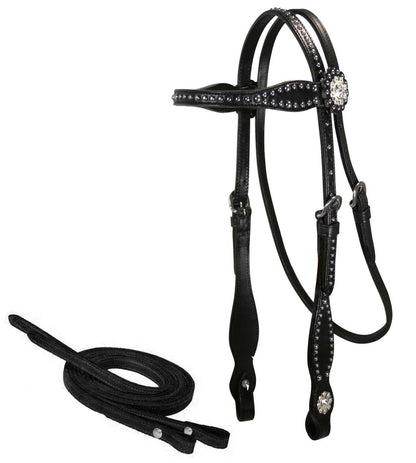 Tahoe Tack Leather Starry Night Studded Horse Headstall & Matching Reins, Black, Full Horse (17-1736-BK)