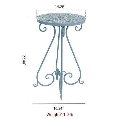 Zorvynelle Mosaic Outdoor Side Table 14" Diameter Metal Round Plant Stand Ceramic Tile Round Table Garden Patio Side Table for Flower Pots Vase Home Decor (Flower#1)