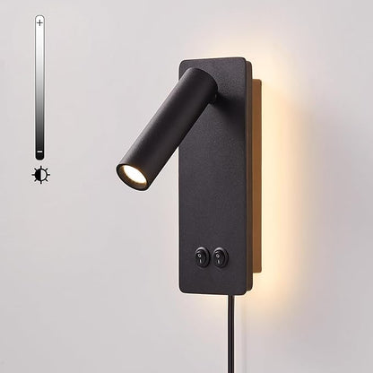 Wall Mounted Reading Light for Books in Bed, Bedside Wall Lamps with 3 Dimming, 350°Rotation Plug in Wall Sconce, Upgrade Headboard Bedside Lamp for Bedroom Living Room (Black)