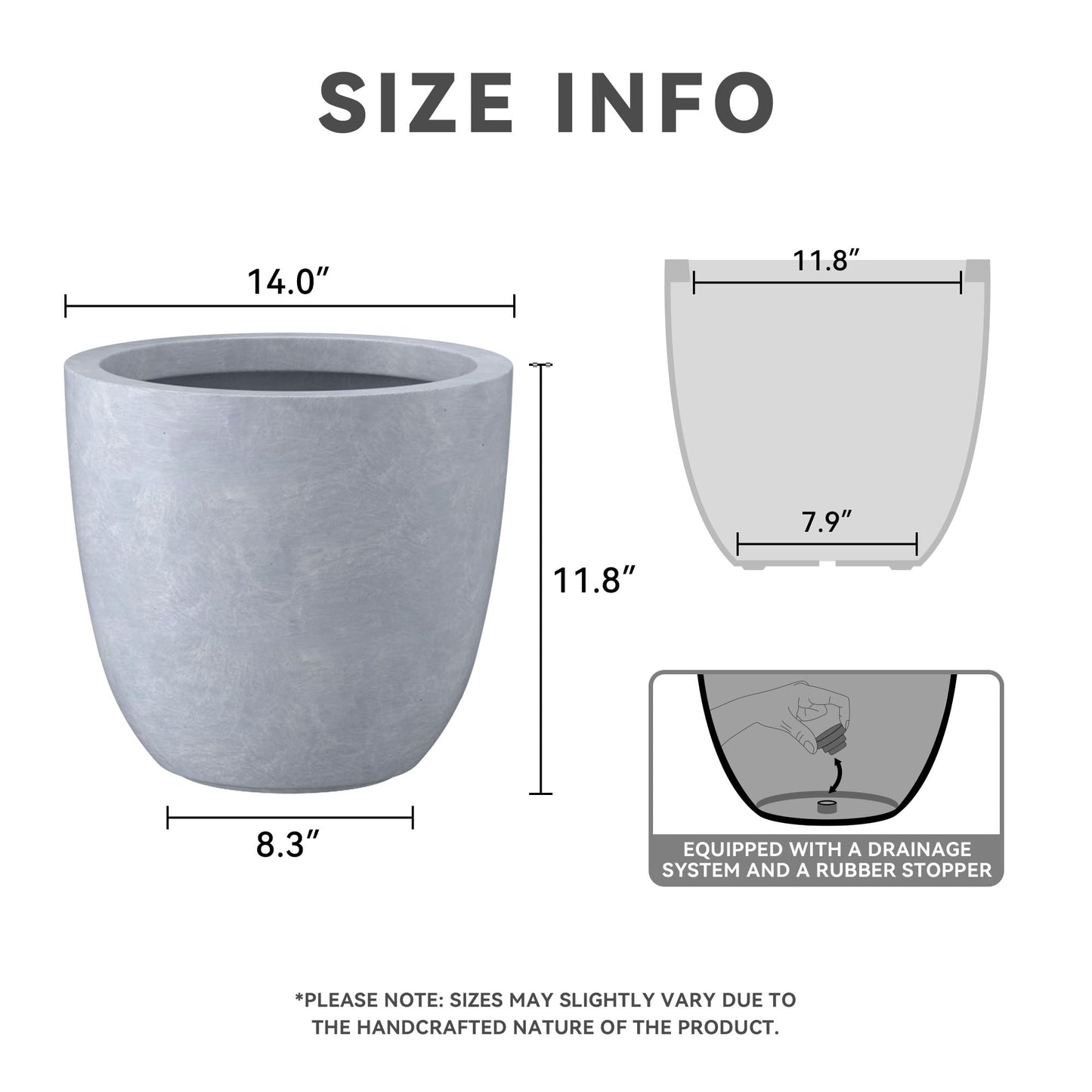 Kante 14 Inch Dia Round Concrete Planter, Indoor Outdoor Large Plant Pot with Drainage Hole and Rubber Plug for Home Patio Garden, Slate Gray