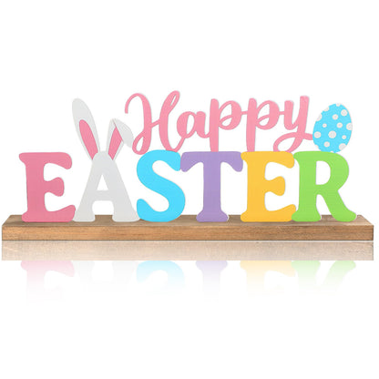 MiniInflat Happy Easter Metal Sign Rustic Table Decor Holiday Tiered Tray Decor with Wooden Base Freestanding Metal Word Sign for Home Tabletop Centerpiece Mantel Shelf Fireplace