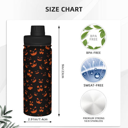 SOUWEWU 18oz Scary Pumpkin Face Sports Water Kettle with Handle, Double Wall Vacuum Insulated Hot and Cold Black Tumbler, Halloween Print Water Bottle for Gym Outdoor