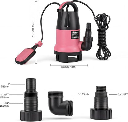 Sump Pump, Prostormer 1HP 3700GPH Submersible Clean/Dirty Water Pump with Automatic Float Switch for Pool (Pink)