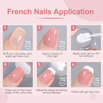 GAOY French Manicure Kit, Nail Stamper and 2Pcs Gel Nail Polish, Include Nude Jelly Pink White Colors for French Tip, UV Light Cure