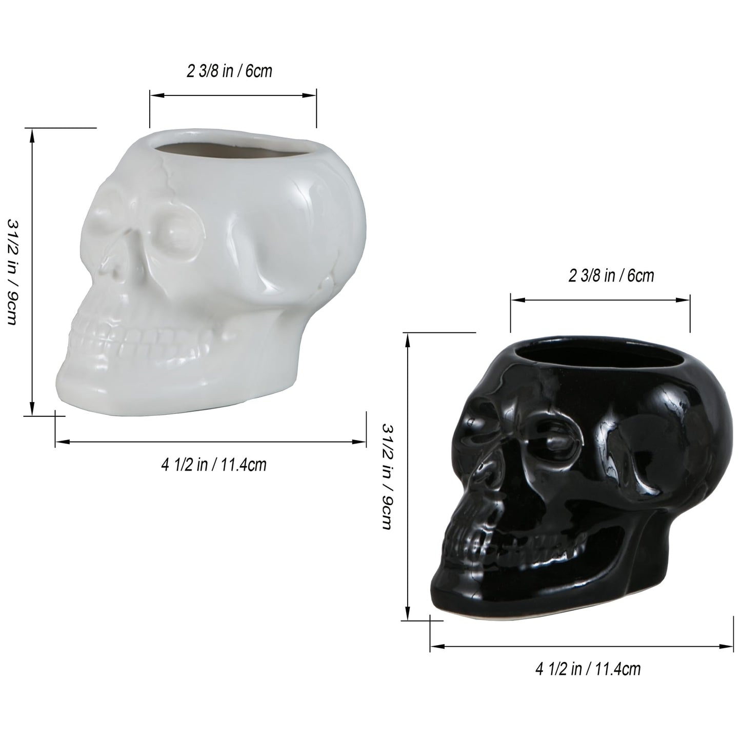 Tanvecle 2 Pcs Skull Planter Pots, Skeleton Vase/Bowl for Flowers, Succulent, Cactus and Candy, for Gothic Home Office Desk, Halloween and Day of The Dead Decorations - White and Black