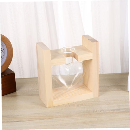 CONGARTENO Heart Vase Hydroponics Planter with Wooden Rack Glass Flower Container for Indoor Greenery Temperature-Resistant Glass Terrarium for Tulips Roses and Branches Decorative Plant