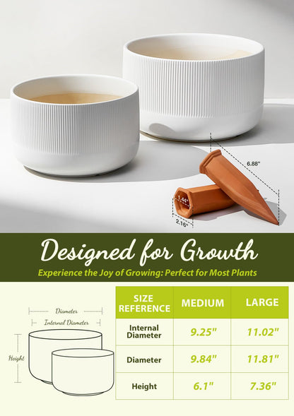 Jardin Tesoro Ceramic Planters - 10+12 Inch Large Pots for Indoor & Outdoor Plants, Modern Flower Pots with Drainage Holes and Self Watering Devices, House White Big Plant Pot, Set of 2