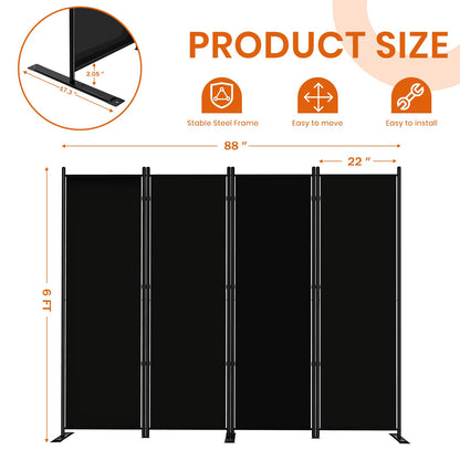 SUNALLY Room Divider 6FT Folding Privacy Screens, 4 Panel Fabric Divider for Room Separation, 88" W Freestanding Portable Wall Dividers Screen for Home Dorm Studio Office, Black