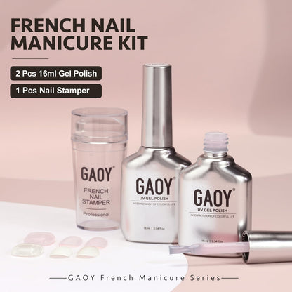 GAOY French Manicure Kit, Nail Stamper and 2Pcs Gel Nail Polish, Include Nude Jelly Pink White Colors for French Tip, UV Light Cure