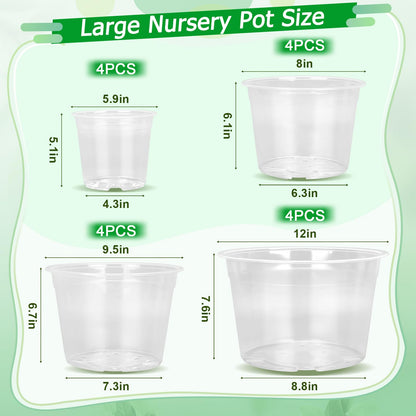 FUIJOL 6/8/10/12 Inch Large Clear Nursery Pots with Drainage, 16 Pack Clear Plastic Nursery Pots for Plants, Garden Seedling Starter Plant Pots for Succulents, Flower & Vegetable (6/8/10/12in-16Pack)