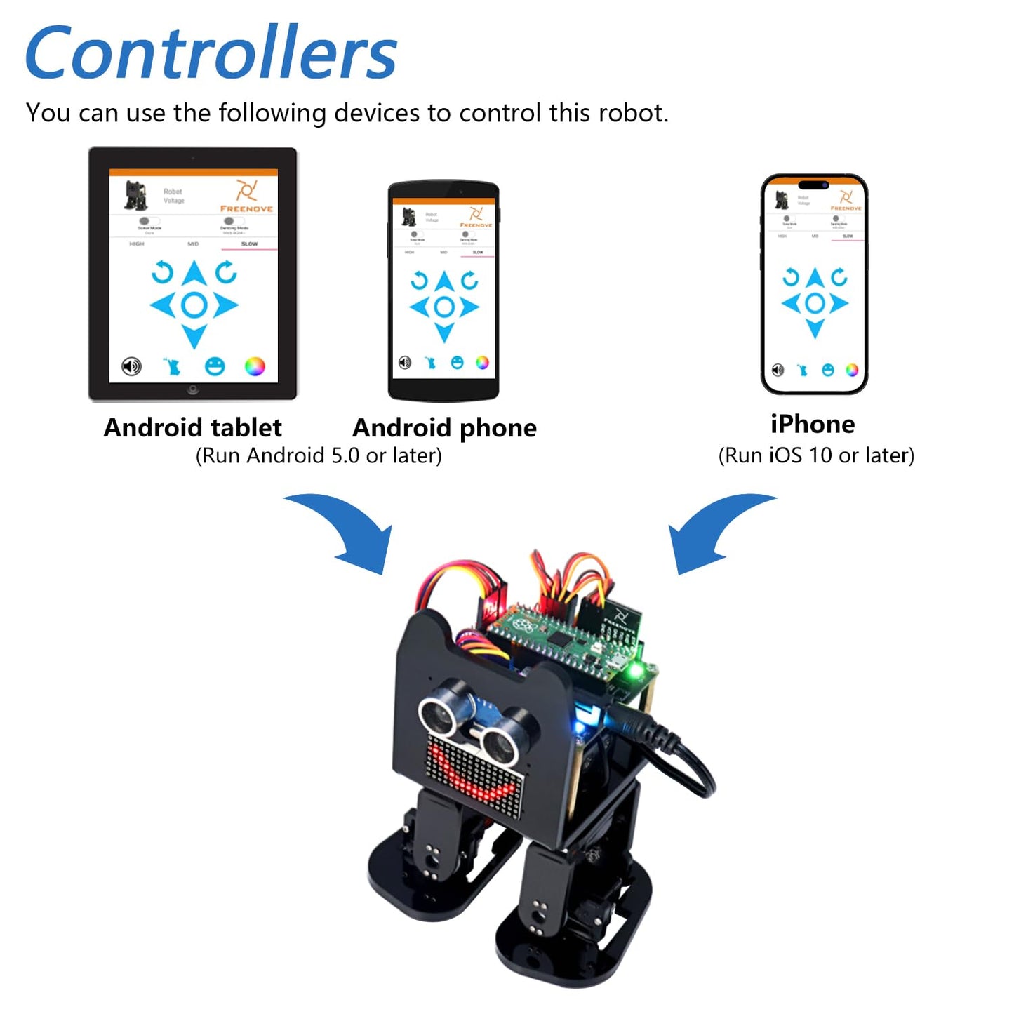 Freenove Bipedal Robot Kit for Raspberry Pi Pico (Not Included) (Compatible with Arduino IDE), LED Matrix Expressions, Obstacle Avoidance, Colorful Lights, Buzzer, Speaker, App