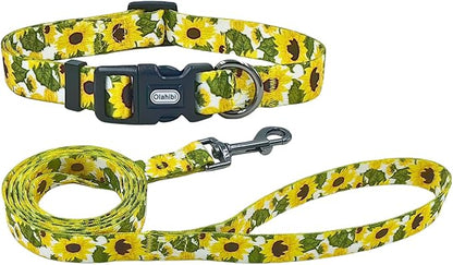 Dog Collar Leash Set, Floral Pattern, 5ft Matching Leash, Polyester Material, 4 for Small Medium Large Dogs.(XS, Sunflower)