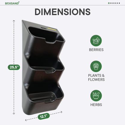 BOXSAND-6 Vertical Wall Planter (12"x26", Black with Square Pots) – Living Wall for 6 Plants, Indoor/Outdoor Vertical Garden System, Easy 2-Screw Install