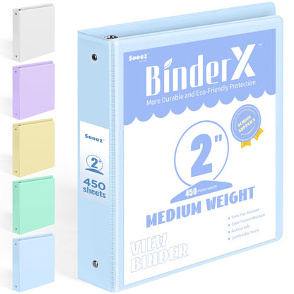 BinderX Extra Durable 3 Ring Binder, Round Ring 2 Inch Binders, Fits 450 Sheets of 8.5x11 Paper, Customizable View Cover with Inside Pockets, Cute 2" Binder, School Supplies for Girls, Blue