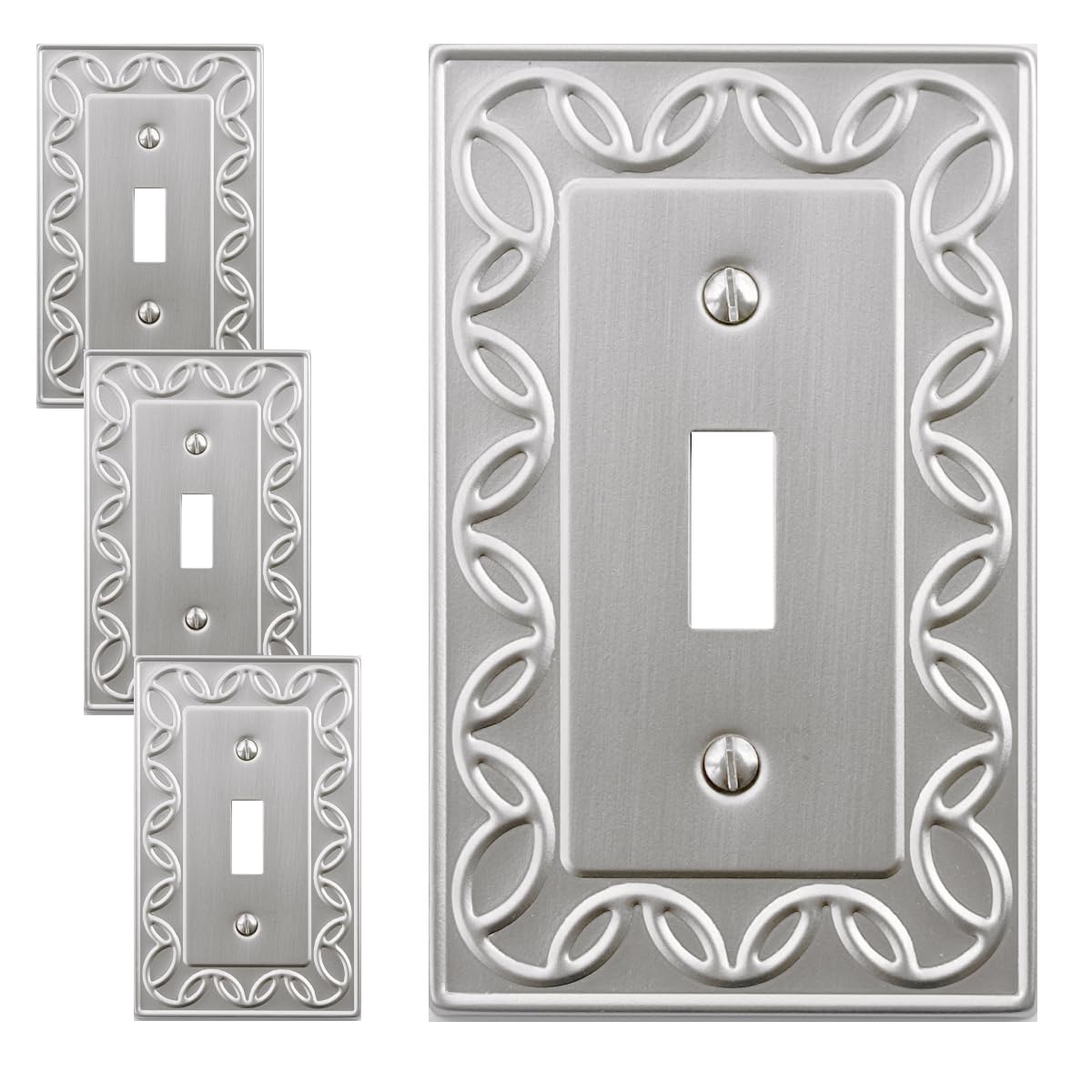OKAWYC Single Toggle Light Switch Cover Plate, 4-Pack Brushed Nickel NovaBloom Metal Wall Plate 1 Gang, for Light Switch Cover, Switch Cover Decorative Wallplate, Durable