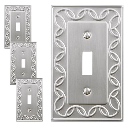 OKAWYC Single Toggle Light Switch Cover Plate, 4-Pack Brushed Nickel NovaBloom Metal Wall Plate 1 Gang, for Light Switch Cover, Switch Cover Decorative Wallplate, Durable