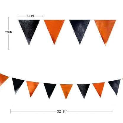 Black Orange Party Decoration Metallic Fabric Triangle Pennant Banner Flag Bunting Garland for Graduation Halloween Fall Autumn Thanksgiving Birthday Wedding Baby Shower Bridal Shower Party Supplies