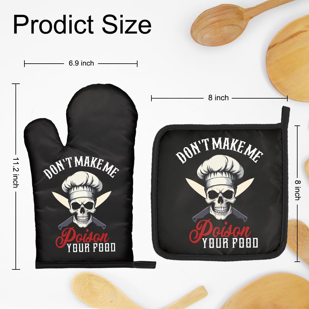 DYJYBMY Don't Make Me Poison Your Food Funny Goth Oven Mitts and Pot Holder Set, Funny Skeleton Kitchen Gadgets for Male Host Hostess, Housewarming Baking Gifts for Mom Dad Wife Husband Sister Friend