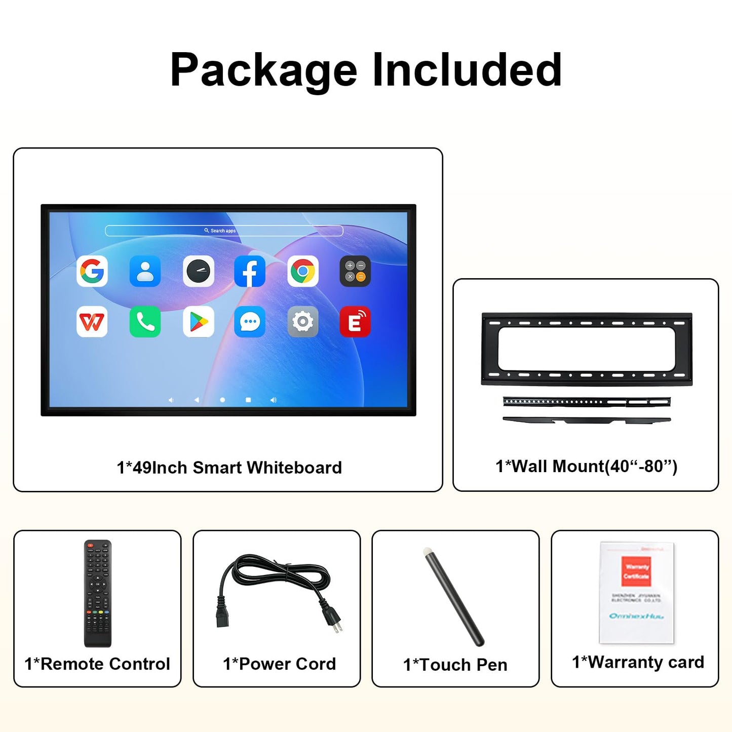 Smart Board 49" Interactive Whiteboard, RK3588 Chip & 6ms Low Latency for Smooth Writing, Android 12 8+64GB, Wireless Cast, Overseas App Ready—Easy Collaboration for Classroom Office Home (Board Only)