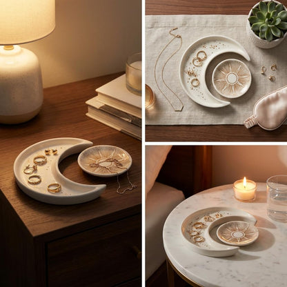 Ceramic Jewelry Dish Tray 2-Pack, Sun and Moon Ring Holder for Earrings, Key bowl, Unique Vanity Decor for Bedroom, Small Trinket Plate for Women Mom Daughter Bride Gifts,Engagement Birthday Gift