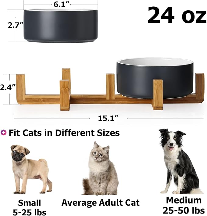 Y YHY Ceramic Pet Feeder, 24oz Dog & Cat Bowls with Wooden Stand, Modern Double Bowls Set - Dishwasher Safe