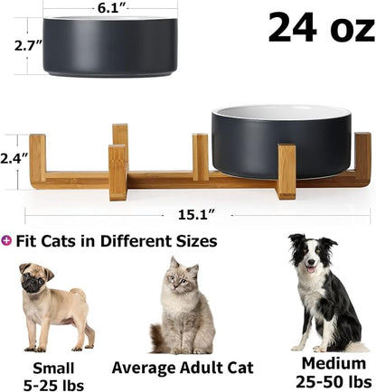 Y YHY Ceramic Pet Feeder, 24oz Dog & Cat Bowls with Wooden Stand, Modern Double Bowls Set - Dishwasher Safe