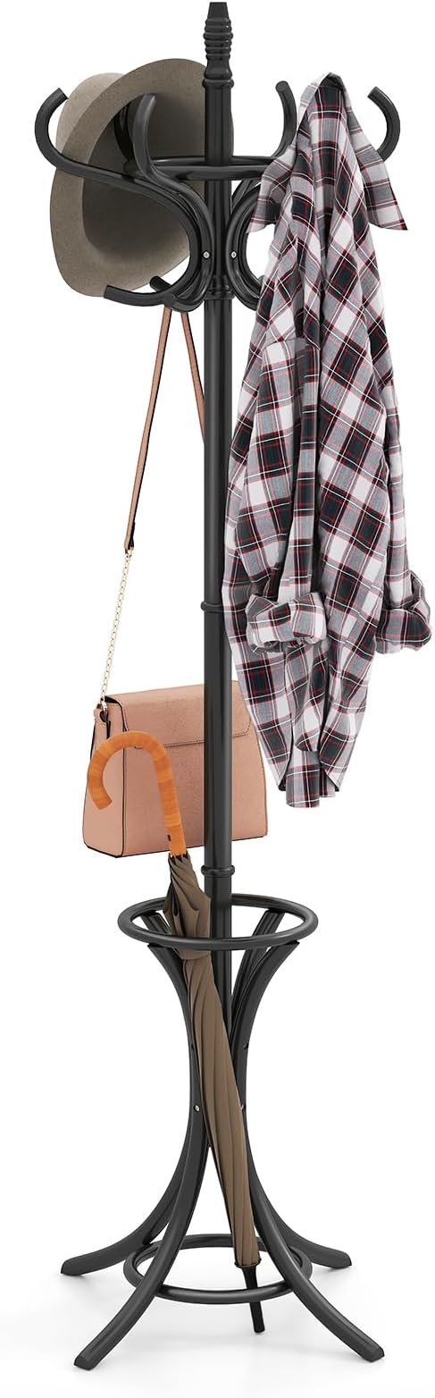 Giantex Solid Wood Coat Rack, Freestanding Hall Tree w/12 Hooks, Umbrella Holder, Entryway Hanger Stand for Coat, Hats, Scarves, Bags, Wooden Garment Rack for Bedroom, Hallway (Black)