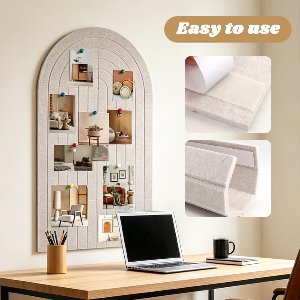Large Arched Felt Bulletin Board, 47" x 24" Cork Board Alternative with 30 Push pins, 8 Customizable Adhesive Tiles for Office, Home Wall Decor, Photos and Workspace(Camel)