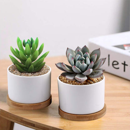 ZOUTOG Succulent Pots, White Mini 3.15 inch Ceramic Flower Planter Pot with Bamboo Tray, 2.5 inch Square Pattern Ceramic Planters, Plants Not Included