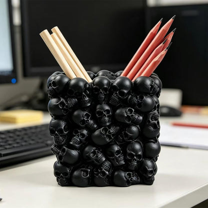 RURAUOGR Skull Pen Pencil Holder Makeup Brush Holder Toothbrush Holder Flower Pot Key Storage Resin Skeleton Home Office Halloween Decor (Black)