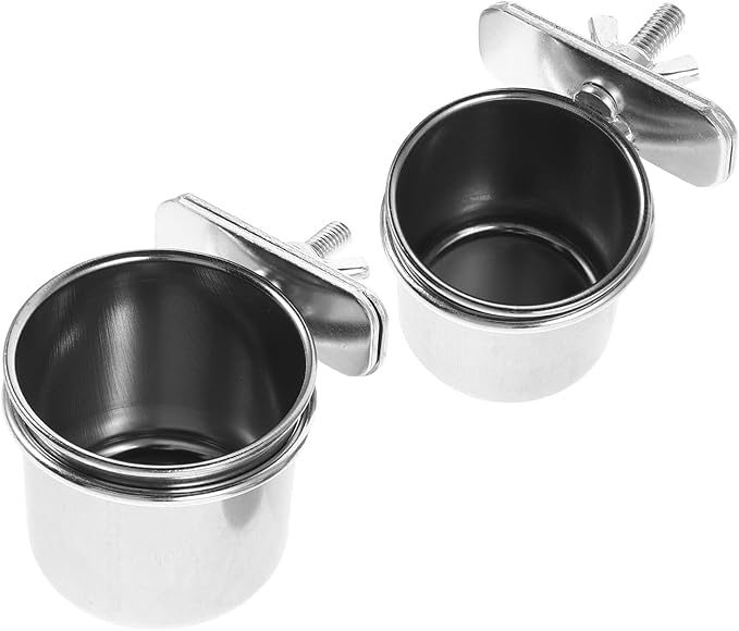 Abaodam 2pcs Stainless Steel Parrot Feeder Bowls with Clamp Holders, Cage Hanging Coop Cups 4.4cm and 5.5cm for Cockatiel Budgie Parakeet Bird Cage Feeding Supplies