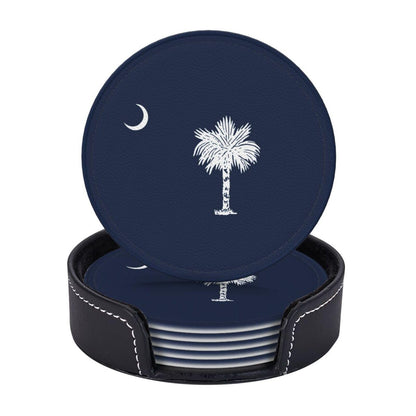 6 Pack South Carolina State Flag Leather Coasters with Holder–Cute Heat Resistant Drink Coasters Set for Coffee Wine Kitchen Office Bar Table Decor,Round