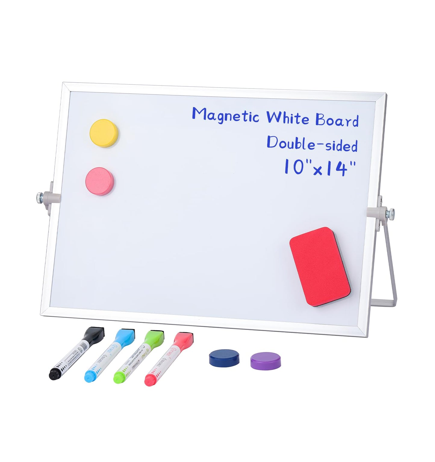 MXG Magnetic White Board Dry Erase, 10x14 Inch Double Sided Small Whiteboard with Stand, Includes 4 Markers, 4 Magnets & Eraser, Portable for Desktop, Wall, Office, & Classroom