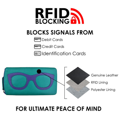 ili New York Soft Eye Glass Cases with RFID Blocking - Soft Leather Sunglasses Case with Zip Closure and Back Pocket, Slim Lightweight Glasses Pouch for Women and Men, Aqua/Cobalt