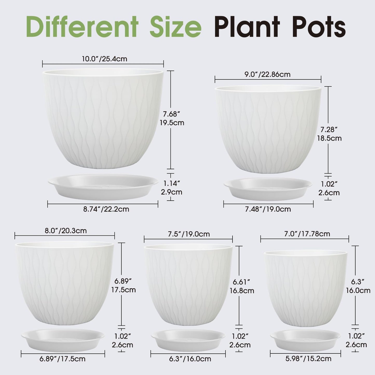 GARDIFE Plant Pots 10/9/8/7.5/7 Inch Plant Pots, Set of 5 Plastic Planters with Drainage Holes and Saucers,Plastic Flower Pots,Nursery Planting Pot for Indoor Out Door Plants (White)
