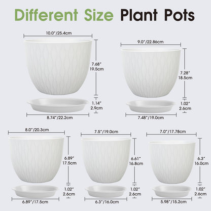 GARDIFE Plant Pots 10/9/8/7.5/7 Inch Plant Pots, Set of 5 Plastic Planters with Drainage Holes and Saucers,Plastic Flower Pots,Nursery Planting Pot for Indoor Out Door Plants (White)