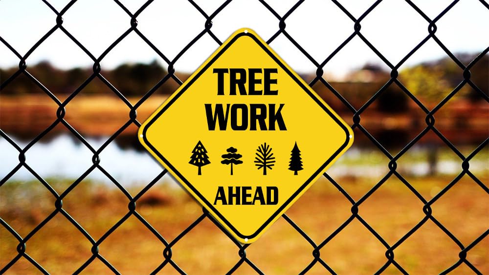 Tree Work Ahead Sign Warning Sign Tree Work Ahead Animal Caution Yellow Wall Art Decorative Decor For Fence Home Farmhouse Yard Road Quality Metal Sign 12x12 Inches