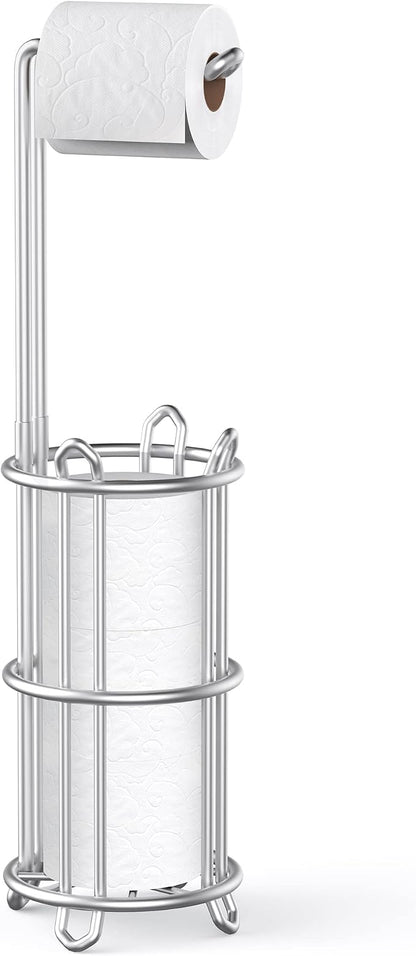 Meangood Toilet Paper Holder Stand and Tissue Paper Roll Dispenser for 4 Mega Rolls, Bathroom Free Standing Tissue Roll Storage Holder Rack, Metal Wire Silver