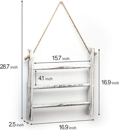 Rustic Wood Ladder Hand Towel Rack for Bathroom, Farmhouse Blanket Ladder for Living Room Hanging Decorative Rack for Blankets Whitewashed Towel Rack with Rope (Whitewashed)
