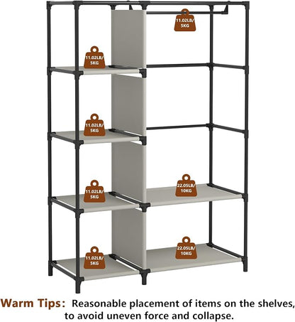 Calmootey Portable Closet Organizers, Clothing Storage, Wardrobe with 6 Shelves and Hanging Rod, Non-Woven Fabric Cover with 4 Side Pockets, Grey