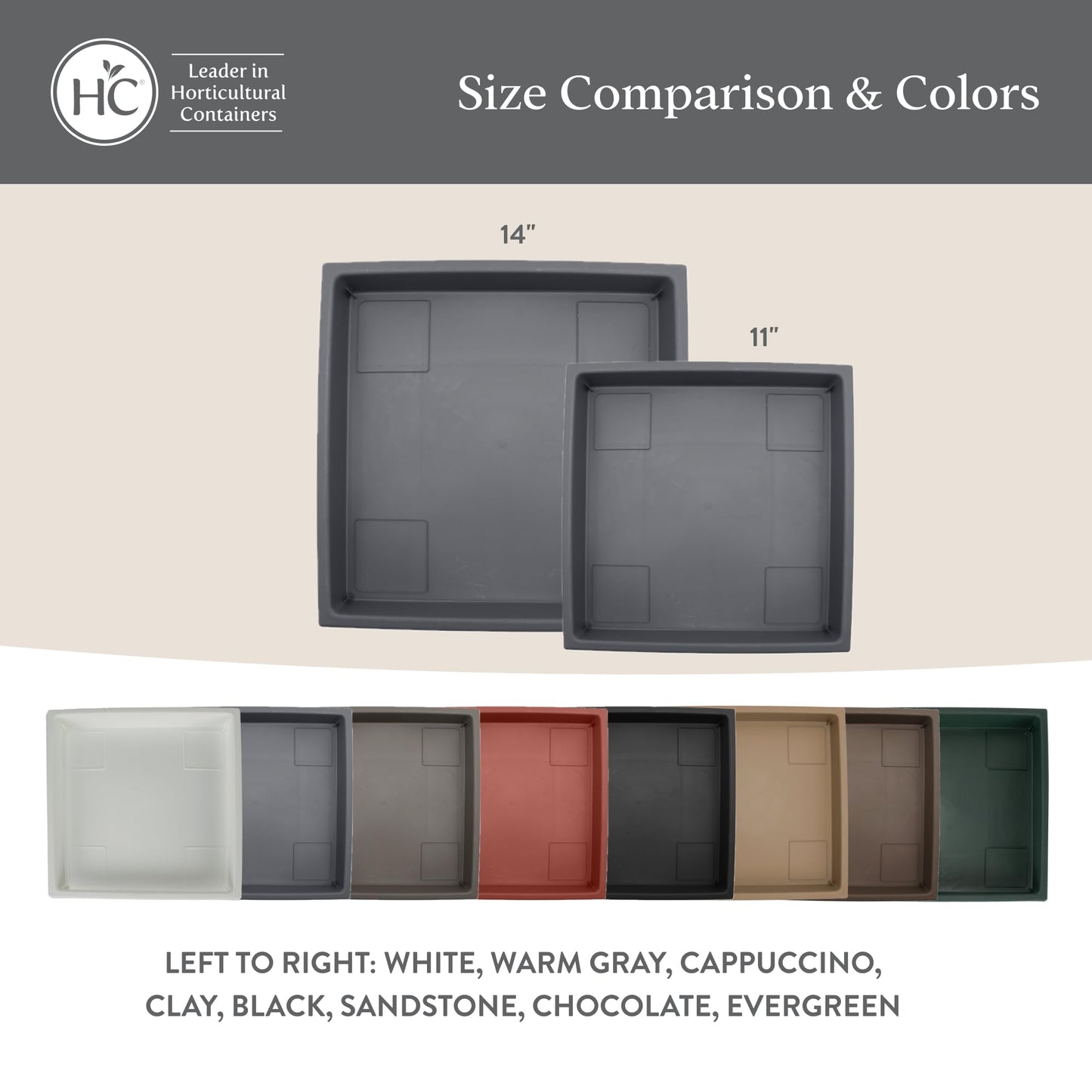 The HC Companies 11 Inch Accent Square Plant Saucer, Lightweight UV-Resistant Plastic Outdoor & Indoor Flower Pot Tray, 2-Pack Plant Pot Trays for Garden & Home Decor, Warm Gray