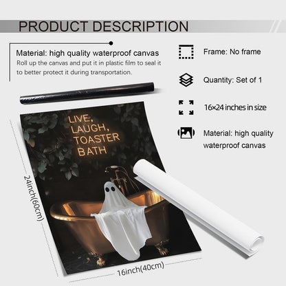 MWZUPQ Halloween Gothic Bath Ghost Poster Dark Horror Fun Bathtub Wall Art Live Laugh Toaster Ghost Canvas Prints for Bathroom Restroom Wall Decor 16X24 inch Unframed