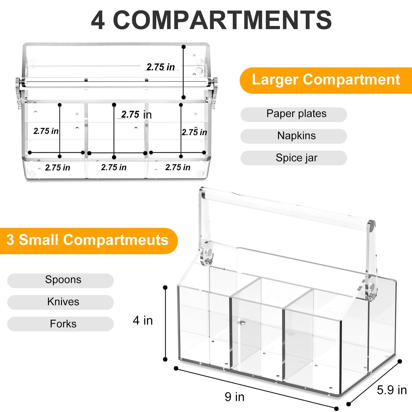 Acrylic Utensil Caddy.Silverware Organizer & Utensil Holder-Heavy-Duty Countertop Cutlery Caddy for Spoons, Forks, Knives, Napkins, Plates | Space-Saving Table, Buffet, Picnic Party Essential