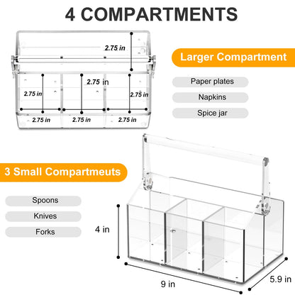 Acrylic Utensil Caddy.Silverware Organizer & Utensil Holder-Heavy-Duty Countertop Cutlery Caddy for Spoons, Forks, Knives, Napkins, Plates | Space-Saving Table, Buffet, Picnic Party Essential