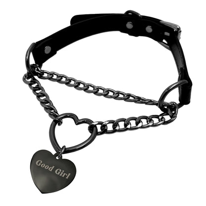 paloli Leather Slip Chain Choker – Adjustable PU Vegan Collar With Heart Ring & Cuban Chain, Letter Heart Pendant Necklace for Women